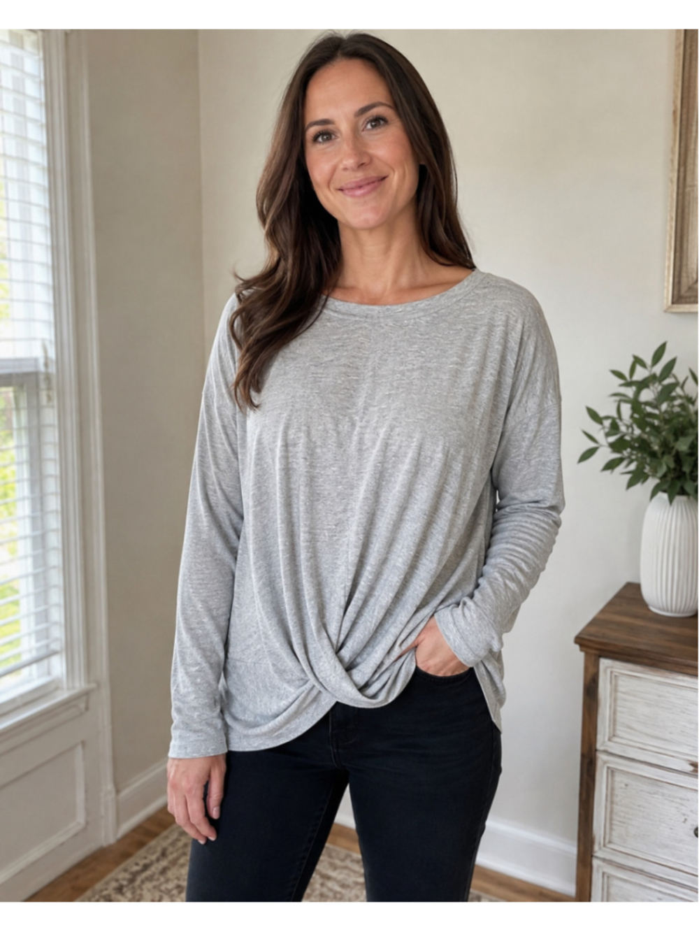 Women's Bobeau Long Sleeve Twist Front Tee Grey Size Large
